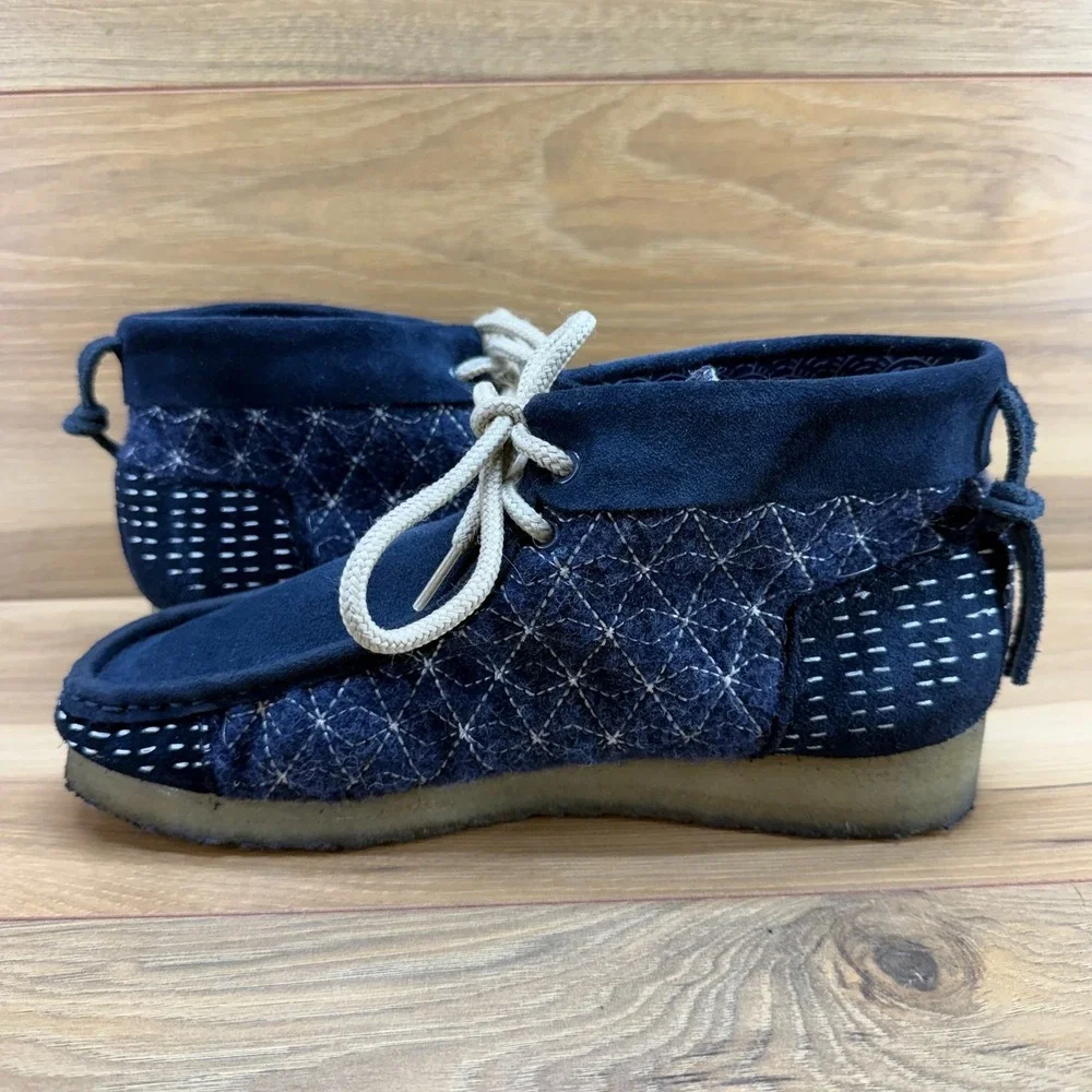 Clarks Wallabee Originals Sashiko Navy Mens 8 Blue Suede Wool Moc Toe Desert